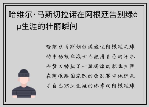哈维尔·马斯切拉诺在阿根廷告别绿茵生涯的壮丽瞬间